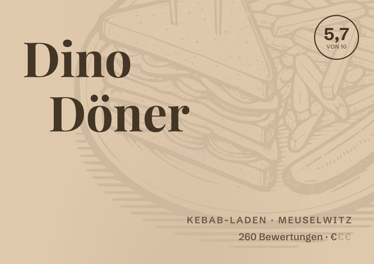 Illustriertes Poster von Dino Döner, Kebab-Laden in Meuselwitz: Bewertung 5,7 von 10 aus 260 Bewertungen, Preisniveau €