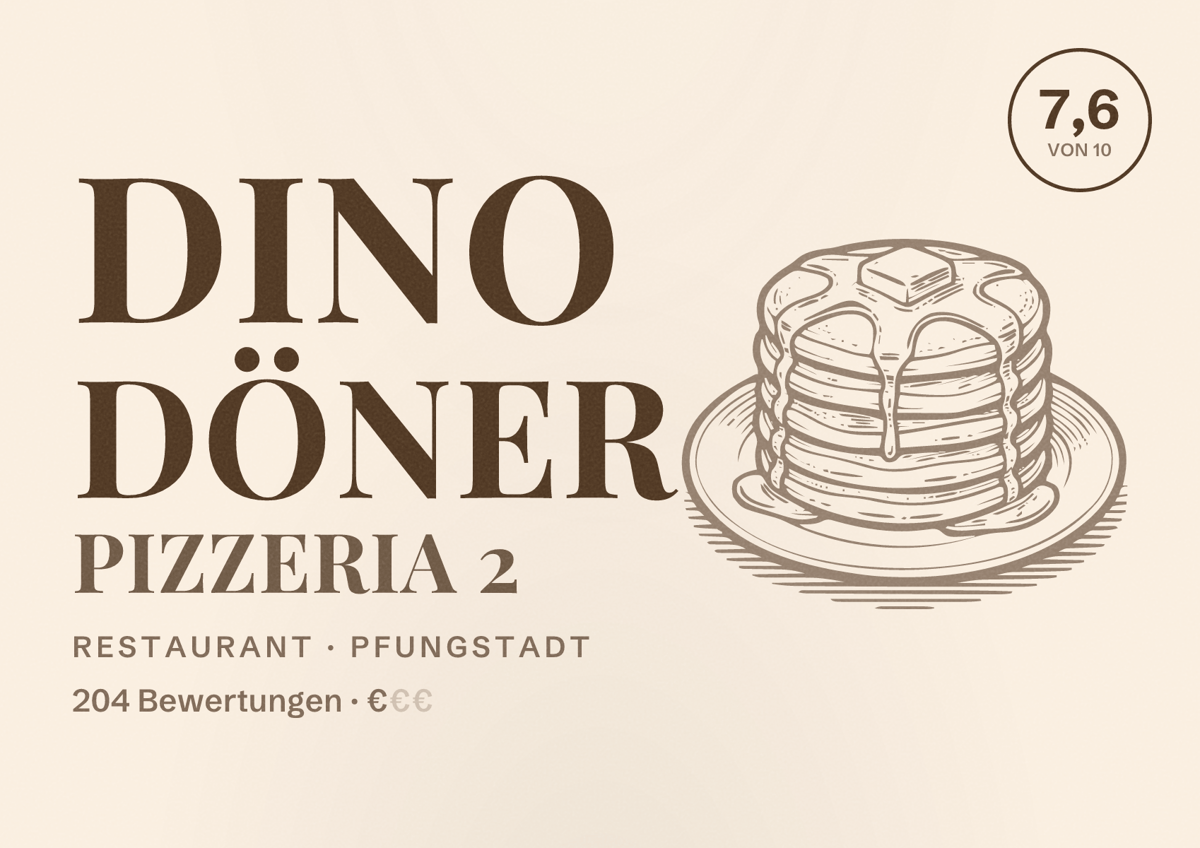 Illustriertes Poster von Dino Döner Pizzeria 2, Restaurant in Pfungstadt: Bewertung 7,6 von 10 aus 204 Bewertungen, Preisniveau €