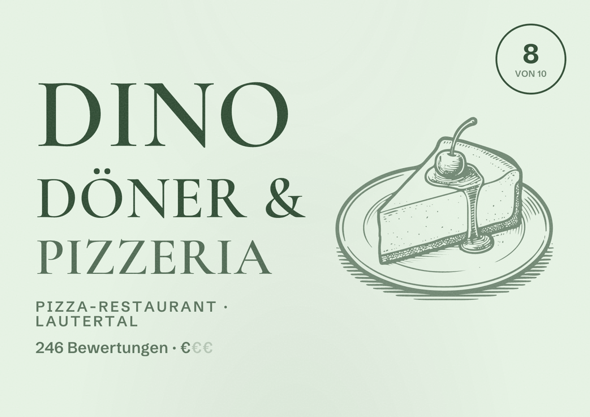Illustriertes Poster von Dino Döner & Pizzeria, Pizza-Restaurant in Lautertal: Bewertung 8 von 10 aus 246 Bewertungen, Preisniveau €