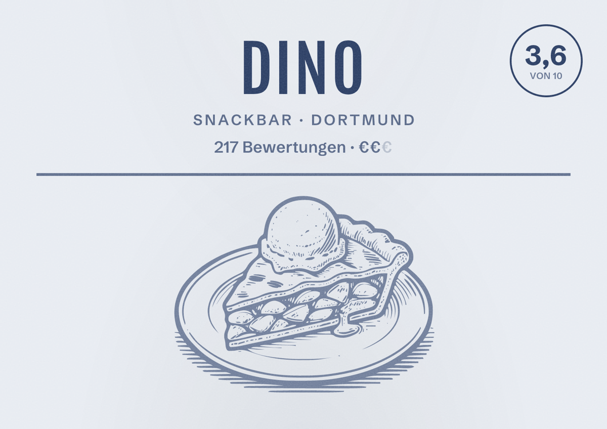 Illustriertes Poster von Dino, Snackbar in Dortmund: Bewertung 3,6 von 10 aus 217 Bewertungen, Preisniveau €€
