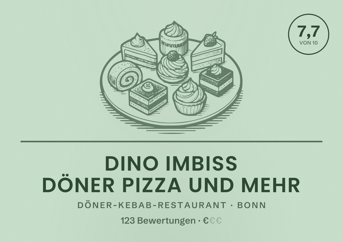 Illustriertes Poster von Dino Imbiss Döner Pizza und mehr, Döner-Kebab-Restaurant in Bonn: Bewertung 7,7 von 10 aus 123 Bewertungen, Preisniveau €