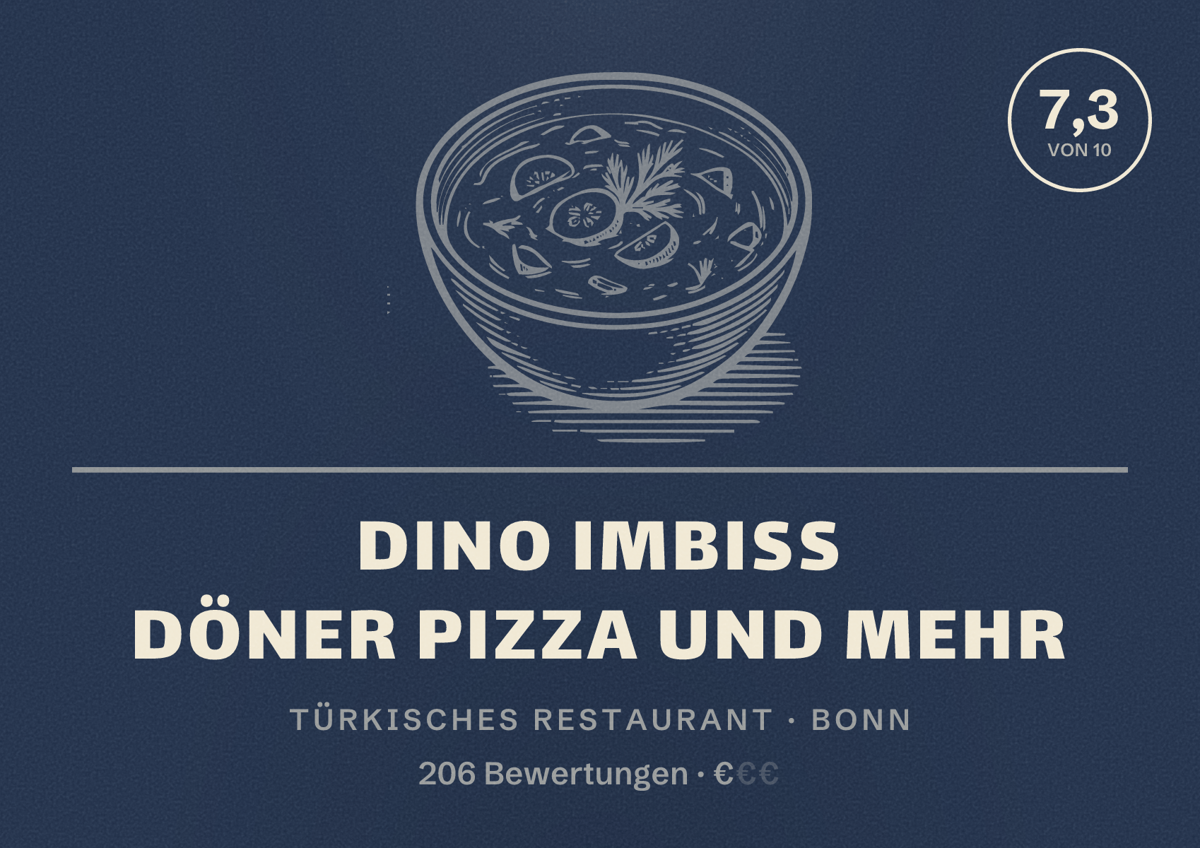 Illustriertes Poster von Dino Imbiss Döner Pizza und mehr, Türkisches Restaurant in Bonn: Bewertung 7,3 von 10 aus 206 Bewertungen, Preisniveau €