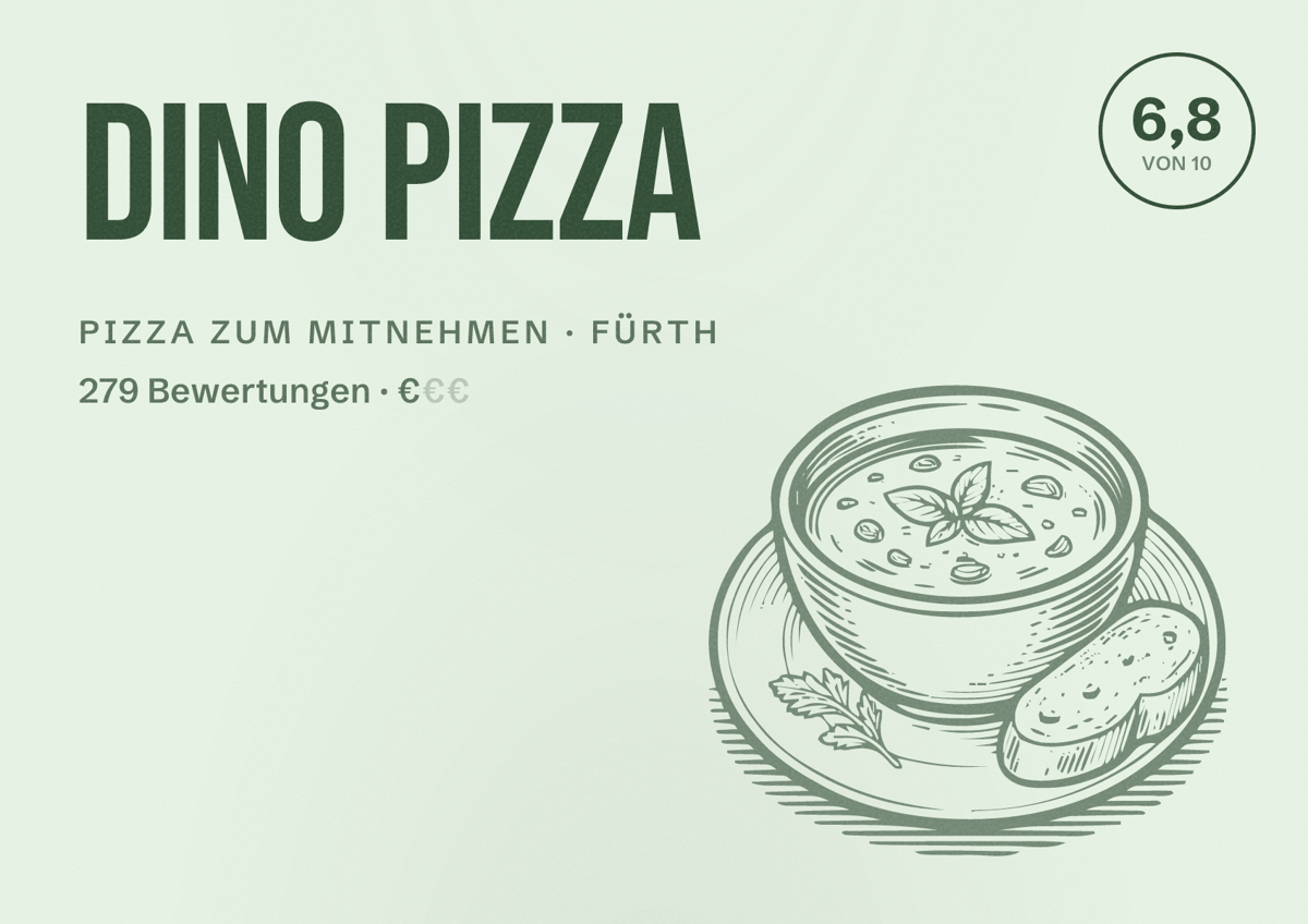 Illustriertes Poster von Dino Pizza, Pizza zum Mitnehmen in Fürth: Bewertung 6,8 von 10 aus 279 Bewertungen, Preisniveau €