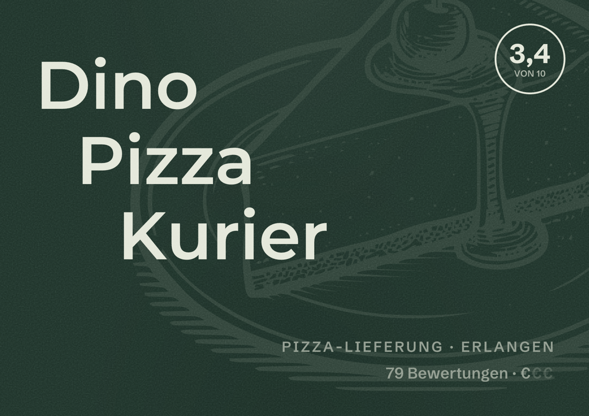 Illustriertes Poster von Dino Pizza Kurier, Pizza-Lieferung in Erlangen: Bewertung 3,4 von 10 aus 79 Bewertungen, Preisniveau €