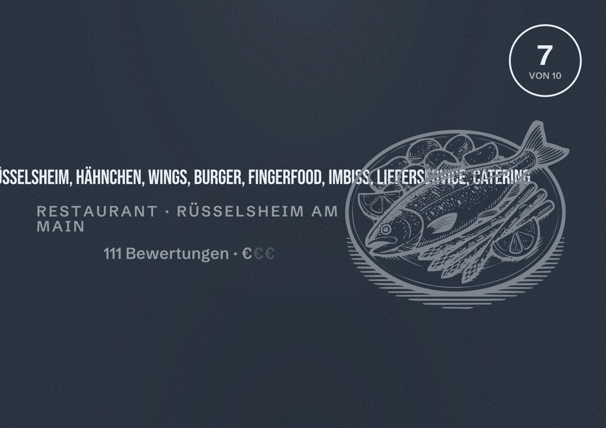 Illustriertes Poster von Dinos Chicken & Beef Rüsselsheim, Hähnchen, Wings, Burger, Fingerfood, Imbiss, Lieferservice, Catering, Restaurant in Rüsselsheim am Main: Bewertung 7 von 10 aus 111 Bewertungen, Preisniveau €