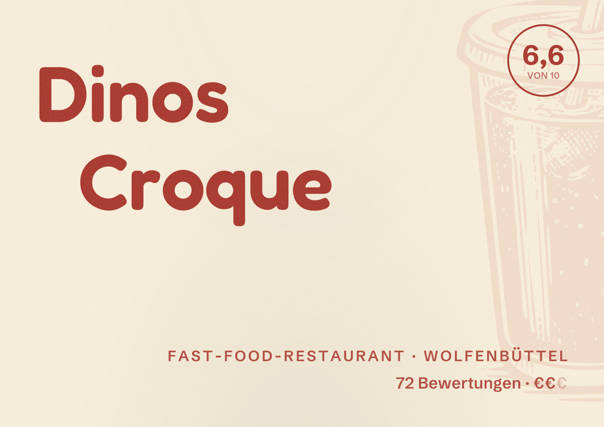 Illustriertes Poster von Dinos Croque, Fast-Food-Restaurant in Wolfenbüttel: Bewertung 6,6 von 10 aus 72 Bewertungen, Preisniveau €€