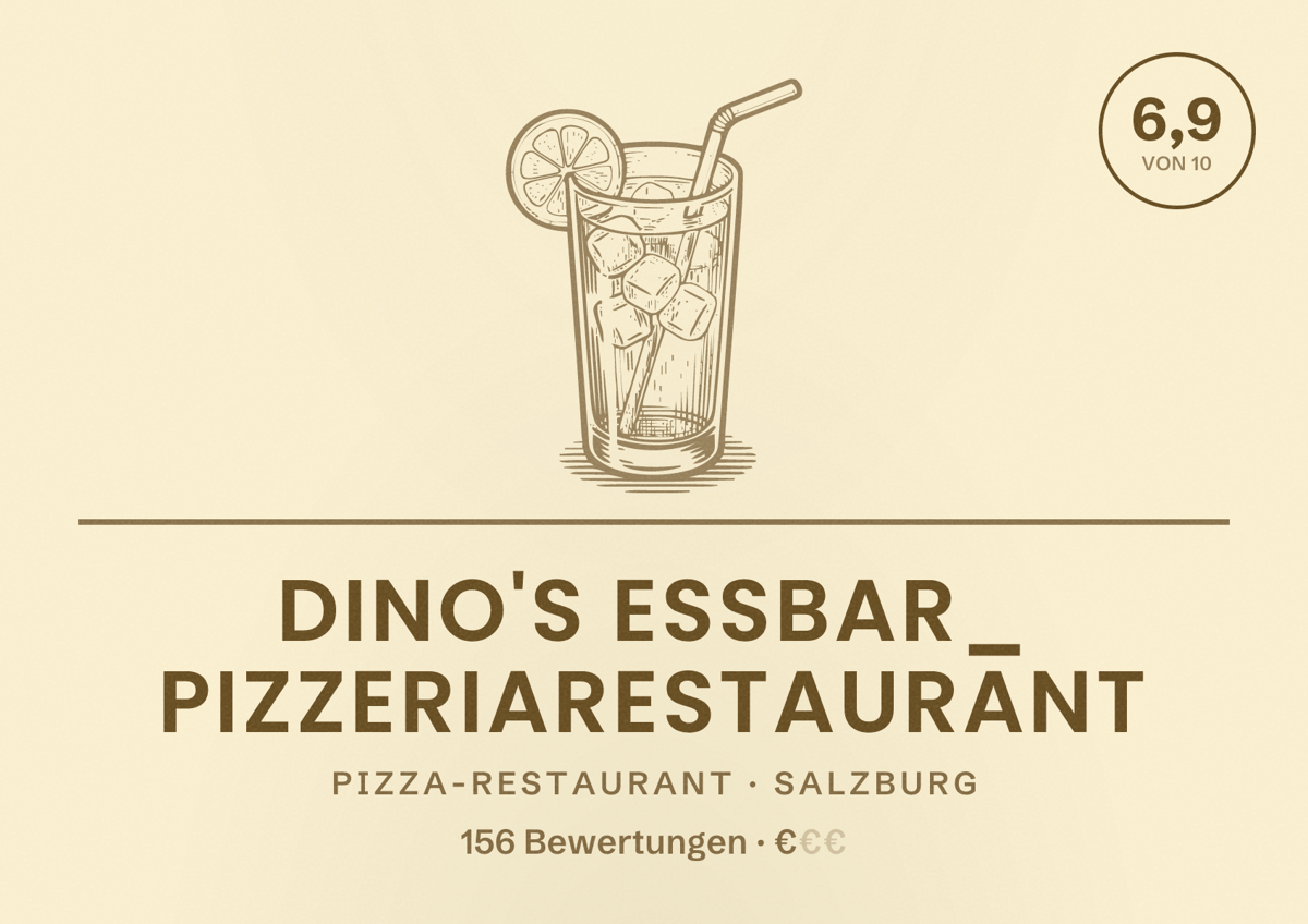 Illustriertes Poster von Dino's Essbar_ PizzeriaRestaurant, Pizza-Restaurant in Salzburg: Bewertung 6,9 von 10 aus 156 Bewertungen, Preisniveau €