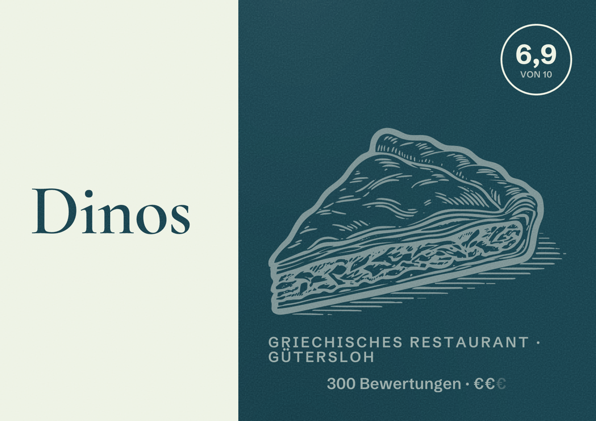 Illustriertes Poster von Dinos, Griechisches Restaurant in Gütersloh: Bewertung 6,9 von 10 aus 300 Bewertungen, Preisniveau €€