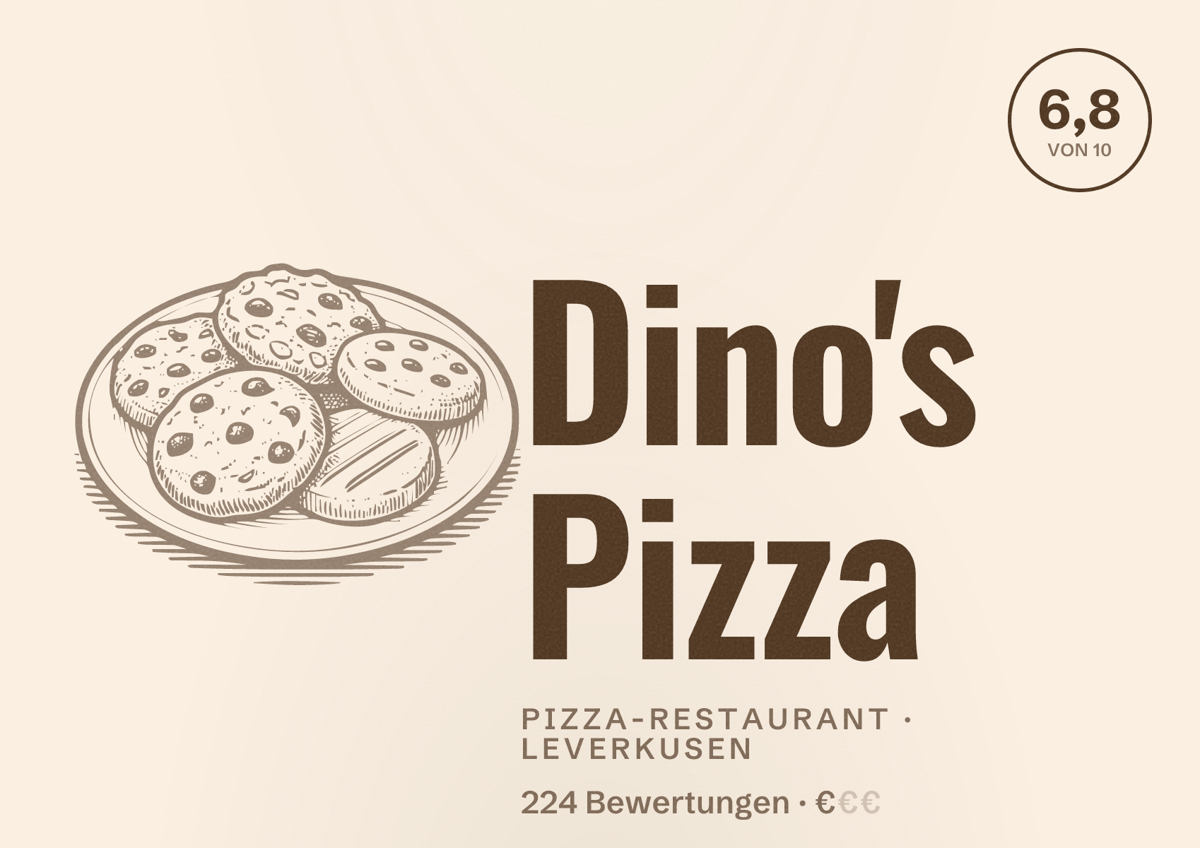 Illustriertes Poster von Dino's Pizza, Pizza-Restaurant in Leverkusen: Bewertung 6,8 von 10 aus 224 Bewertungen, Preisniveau €