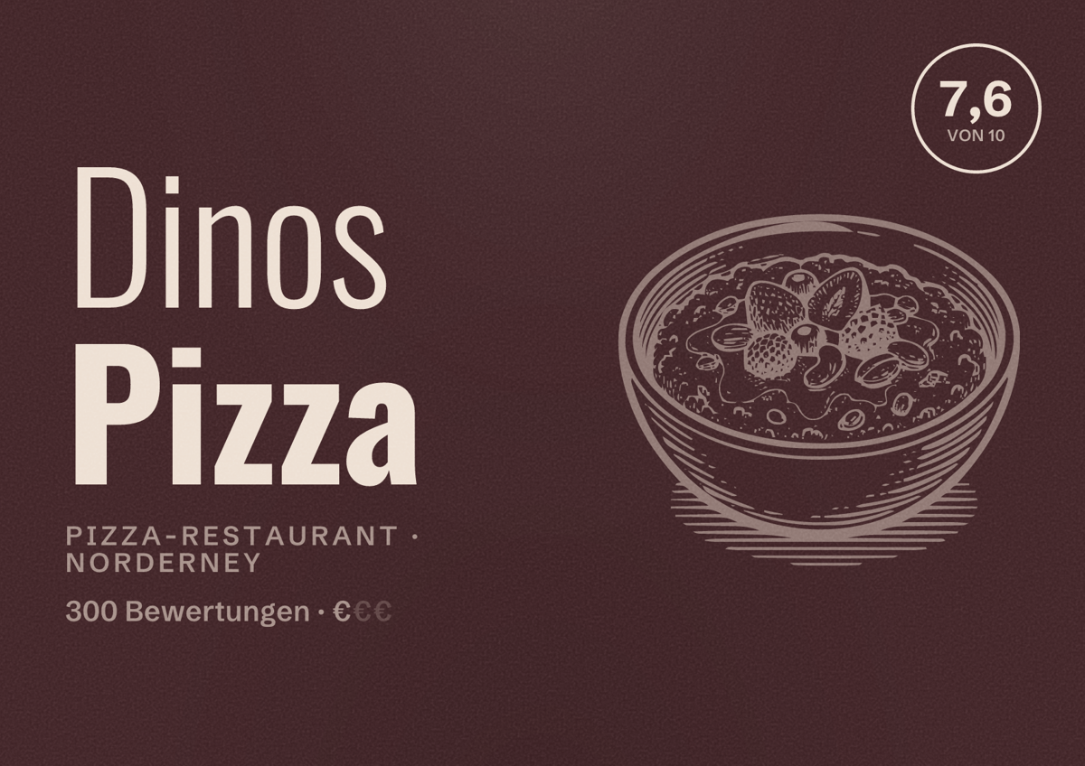 Illustriertes Poster von Dinos Pizza, Pizza-Restaurant in Norderney: Bewertung 7,6 von 10 aus 300 Bewertungen, Preisniveau €