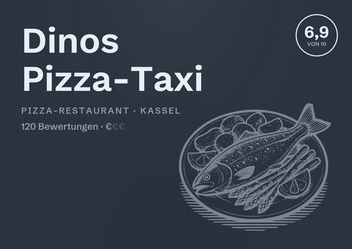 Illustriertes Poster von Dinos Pizza-Taxi, Pizza-Restaurant in Kassel: Bewertung 6,9 von 10 aus 120 Bewertungen, Preisniveau €