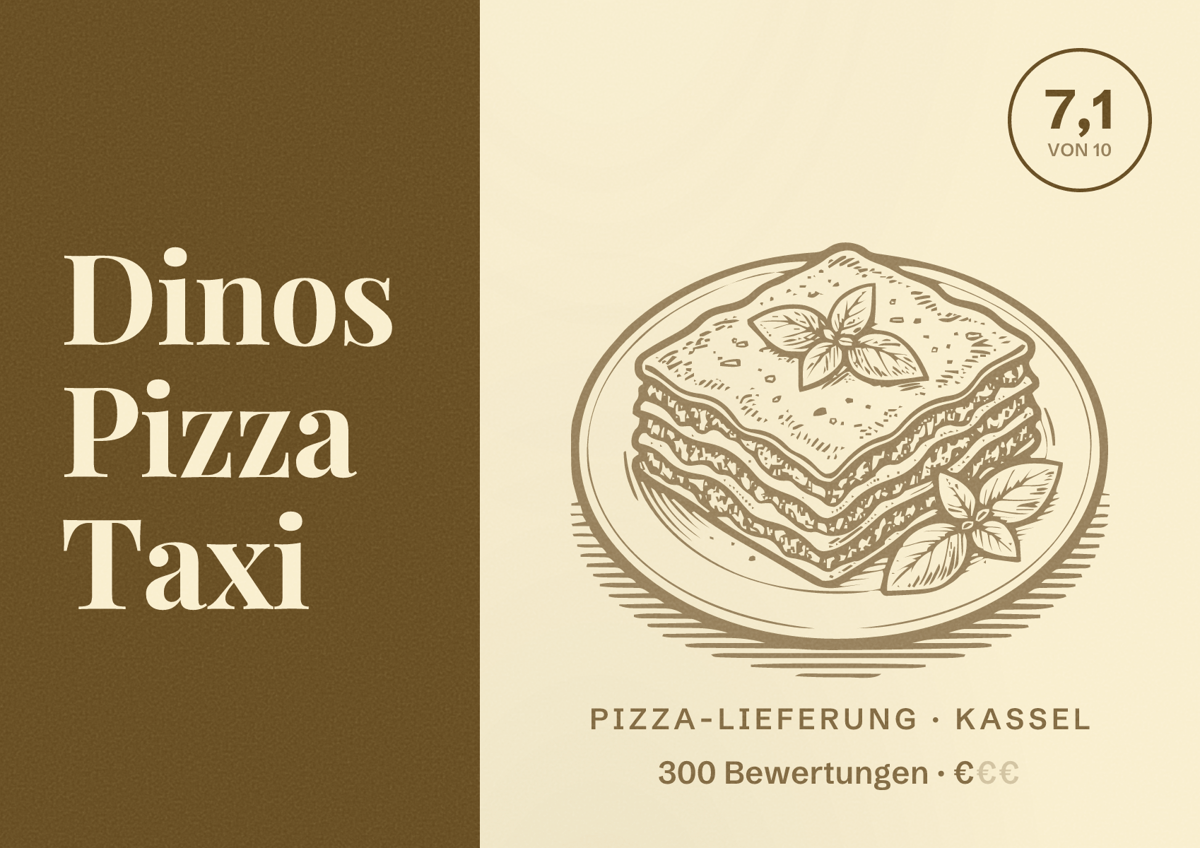 Illustriertes Poster von Dinos Pizza Taxi, Pizza-Lieferung in Kassel: Bewertung 7,1 von 10 aus 300 Bewertungen, Preisniveau €