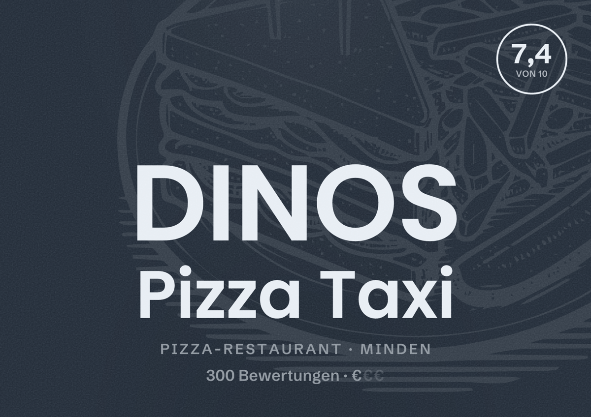 Illustriertes Poster von DINOS Pizza Taxi, Pizza-Restaurant in Minden: Bewertung 7,4 von 10 aus 300 Bewertungen, Preisniveau €