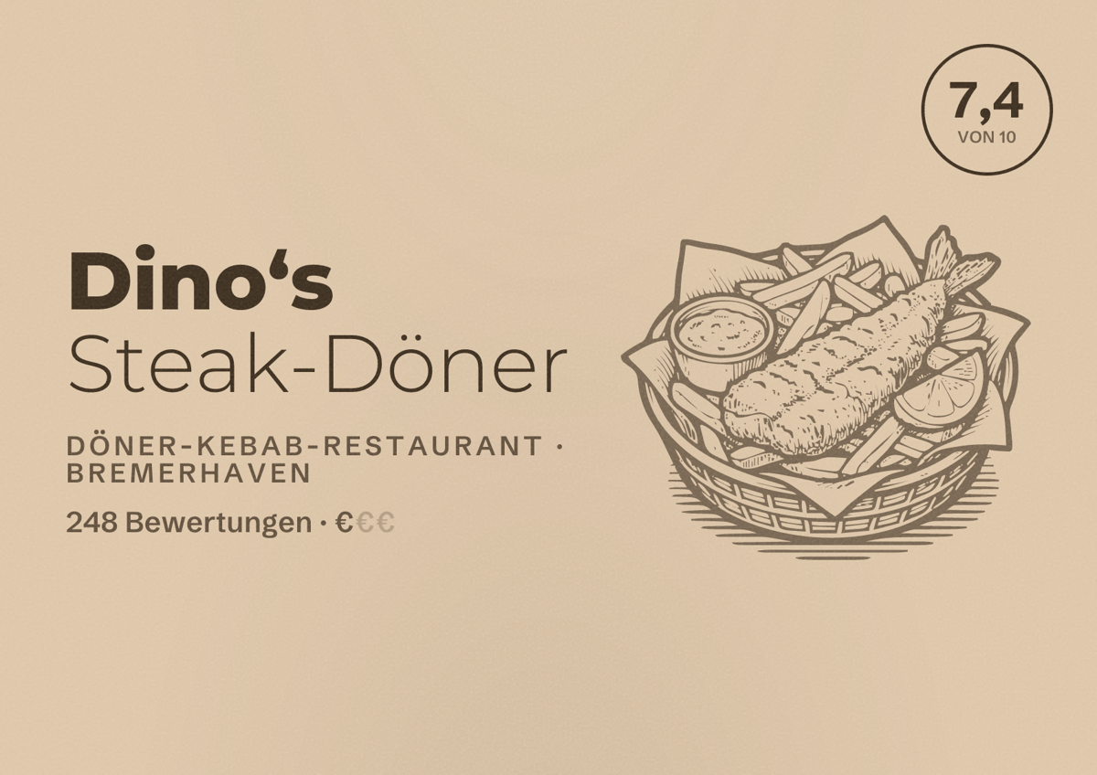 Illustriertes Poster von Dino‘s Steak-Döner, Döner-Kebab-Restaurant in Bremerhaven: Bewertung 7,4 von 10 aus 248 Bewertungen, Preisniveau €