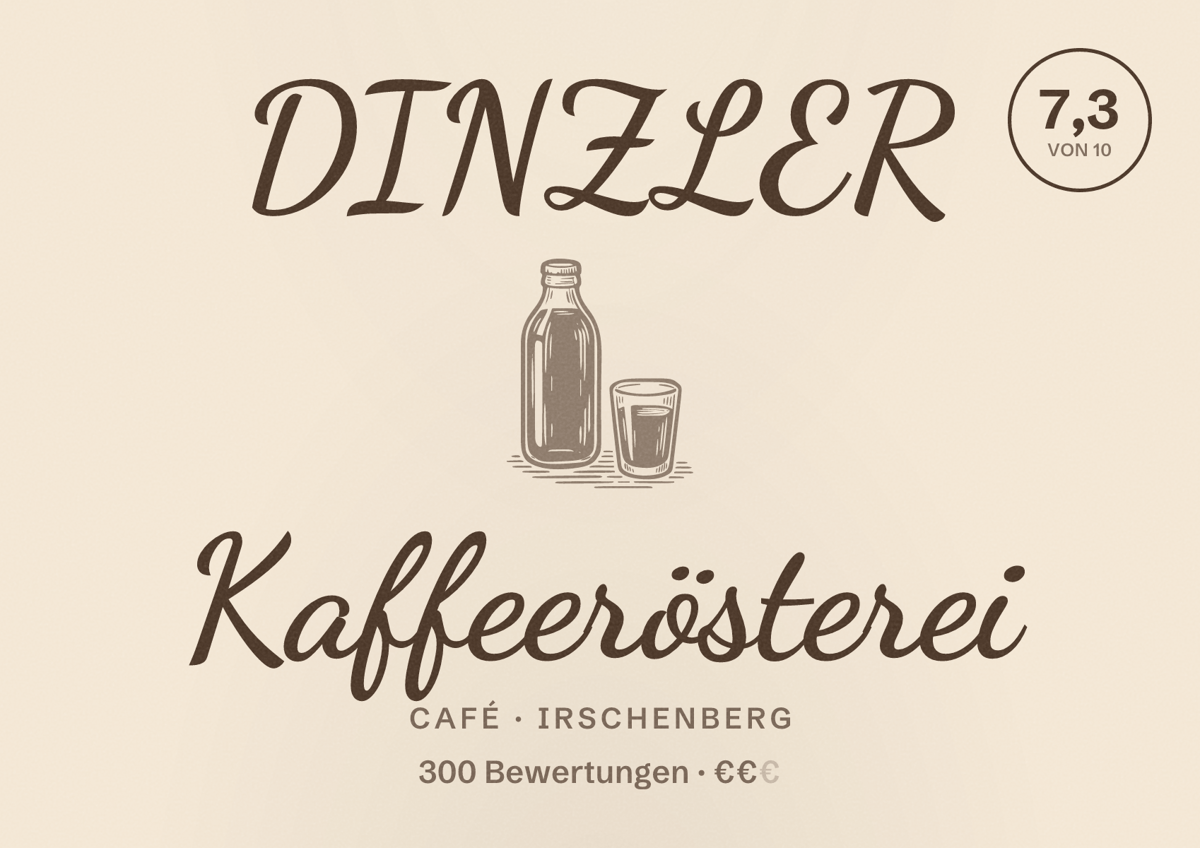 Illustriertes Poster von DINZLER Kaffeerösterei, Café in Irschenberg: Bewertung 7,3 von 10 aus 300 Bewertungen, Preisniveau €€