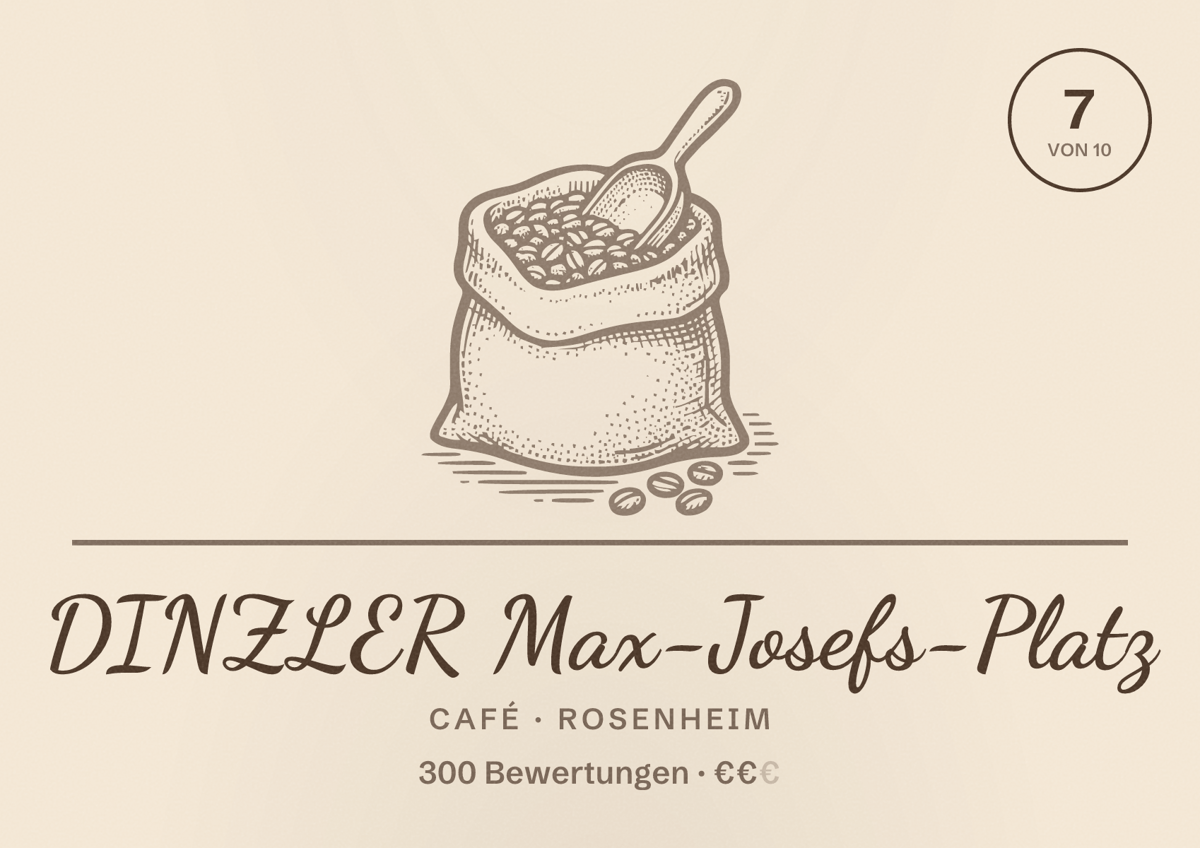 Illustriertes Poster von DINZLER Max-Josefs-Platz, Café in Rosenheim: Bewertung 7 von 10 aus 300 Bewertungen, Preisniveau €€