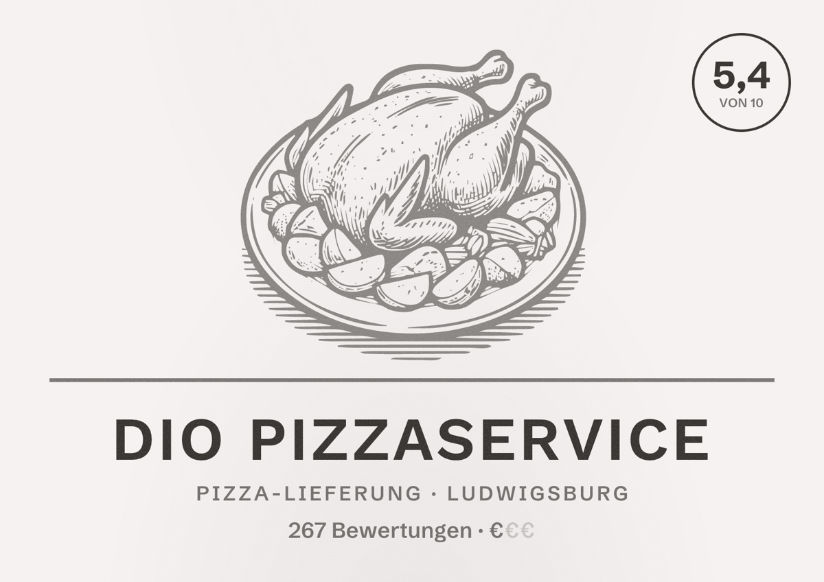Illustriertes Poster von Dio Pizzaservice, Pizza-Lieferung in Ludwigsburg: Bewertung 5,4 von 10 aus 267 Bewertungen, Preisniveau €
