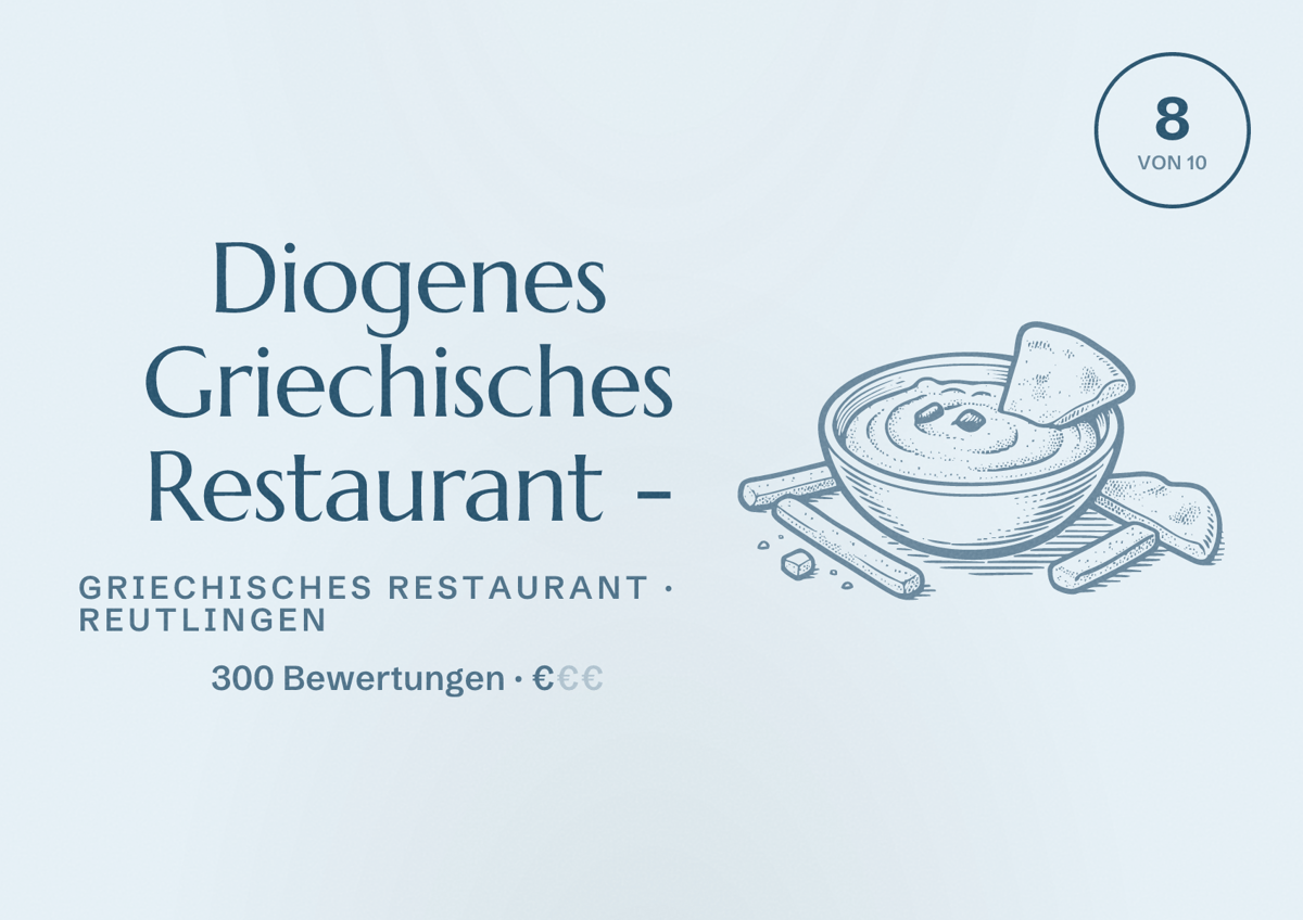 Illustriertes Poster von Diogenes Griechisches Restaurant -, Griechisches Restaurant in Reutlingen: Bewertung 8 von 10 aus 300 Bewertungen, Preisniveau €