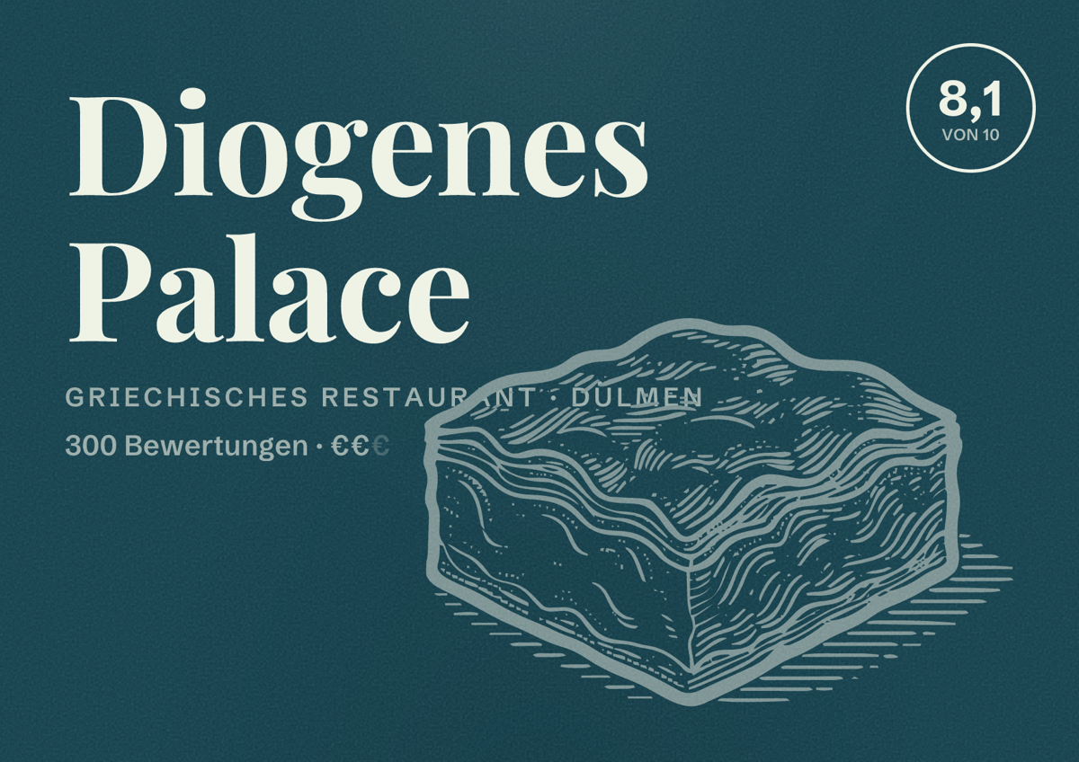 Illustriertes Poster von Diogenes Palace, Griechisches Restaurant in Dülmen: Bewertung 8,1 von 10 aus 300 Bewertungen, Preisniveau €€