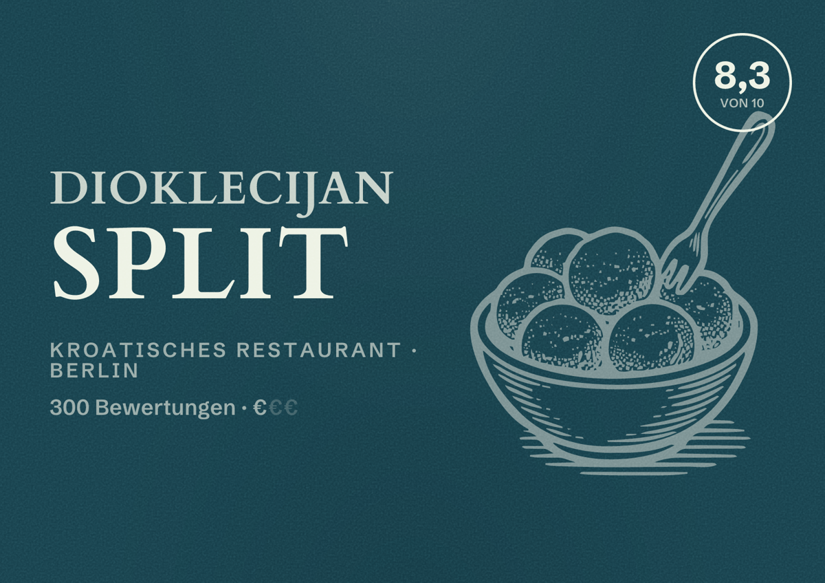 Illustriertes Poster von Dioklecijan Split, Kroatisches Restaurant in Berlin: Bewertung 8,3 von 10 aus 300 Bewertungen, Preisniveau €