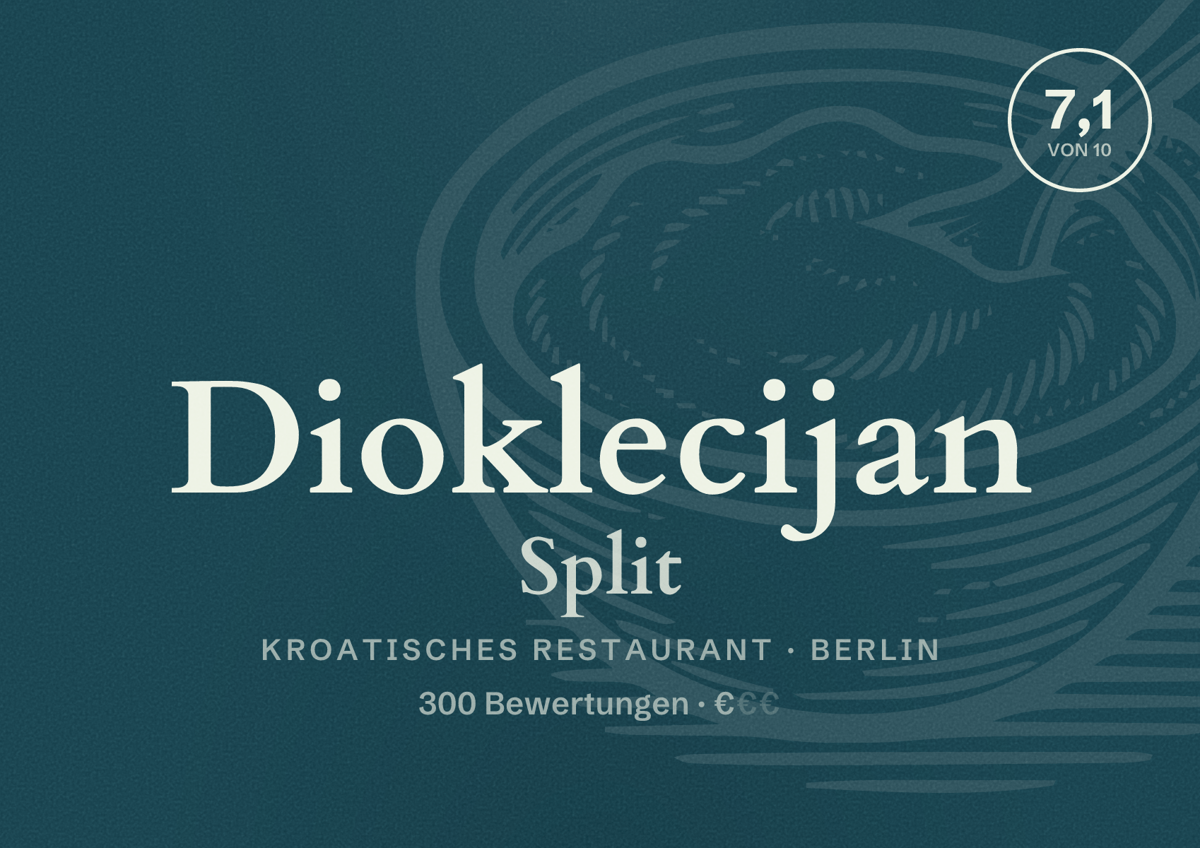 Illustriertes Poster von Dioklecijan Split, Kroatisches Restaurant in Berlin: Bewertung 7,1 von 10 aus 300 Bewertungen, Preisniveau €