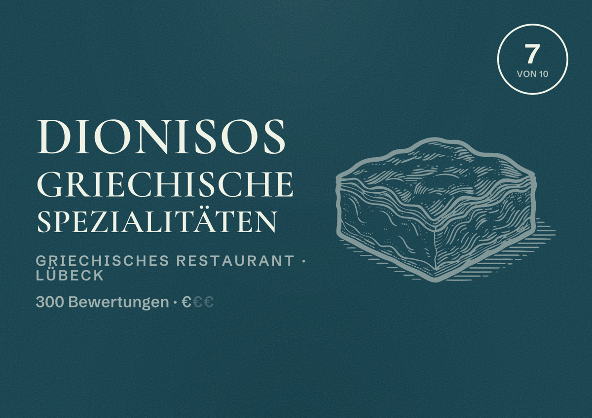 Illustriertes Poster von Dionisos Griechische Spezialitäten, Griechisches Restaurant in Lübeck: Bewertung 7 von 10 aus 300 Bewertungen, Preisniveau €