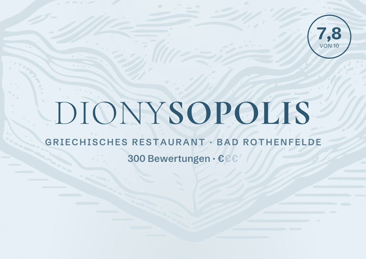 Illustriertes Poster von DIONYSOPOLIS, Griechisches Restaurant in Bad Rothenfelde: Bewertung 7,8 von 10 aus 300 Bewertungen, Preisniveau €