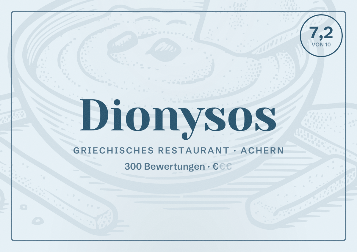 Illustriertes Poster von Dionysos, Griechisches Restaurant in Achern: Bewertung 7,2 von 10 aus 300 Bewertungen, Preisniveau €
