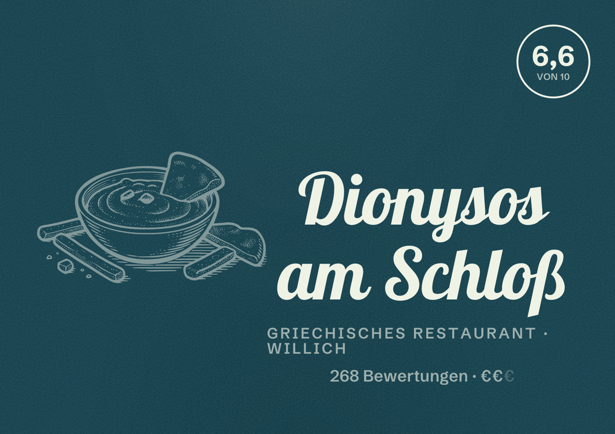 Illustriertes Poster von Dionysos am Schloß, Griechisches Restaurant in Willich: Bewertung 6,6 von 10 aus 268 Bewertungen, Preisniveau €€