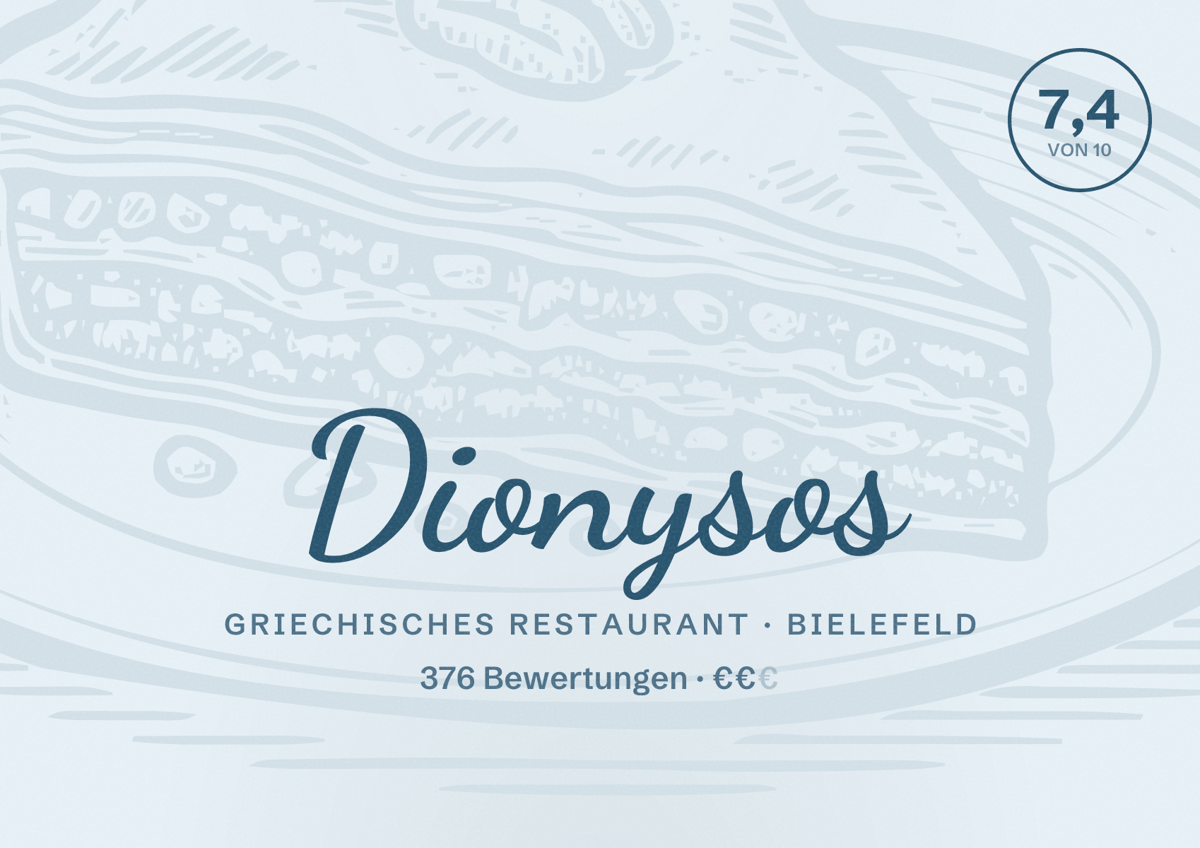 Illustriertes Poster von Dionysos, Griechisches Restaurant in Bielefeld: Bewertung 7,4 von 10 aus 376 Bewertungen, Preisniveau €€