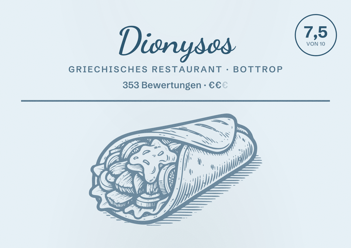 Illustriertes Poster von Dionysos, Griechisches Restaurant in Bottrop: Bewertung 7,5 von 10 aus 353 Bewertungen, Preisniveau €€