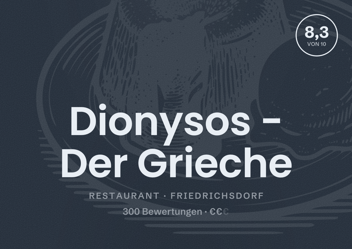 Illustriertes Poster von Dionysos - Der Grieche, Restaurant in Friedrichsdorf: Bewertung 8,3 von 10 aus 300 Bewertungen, Preisniveau €€