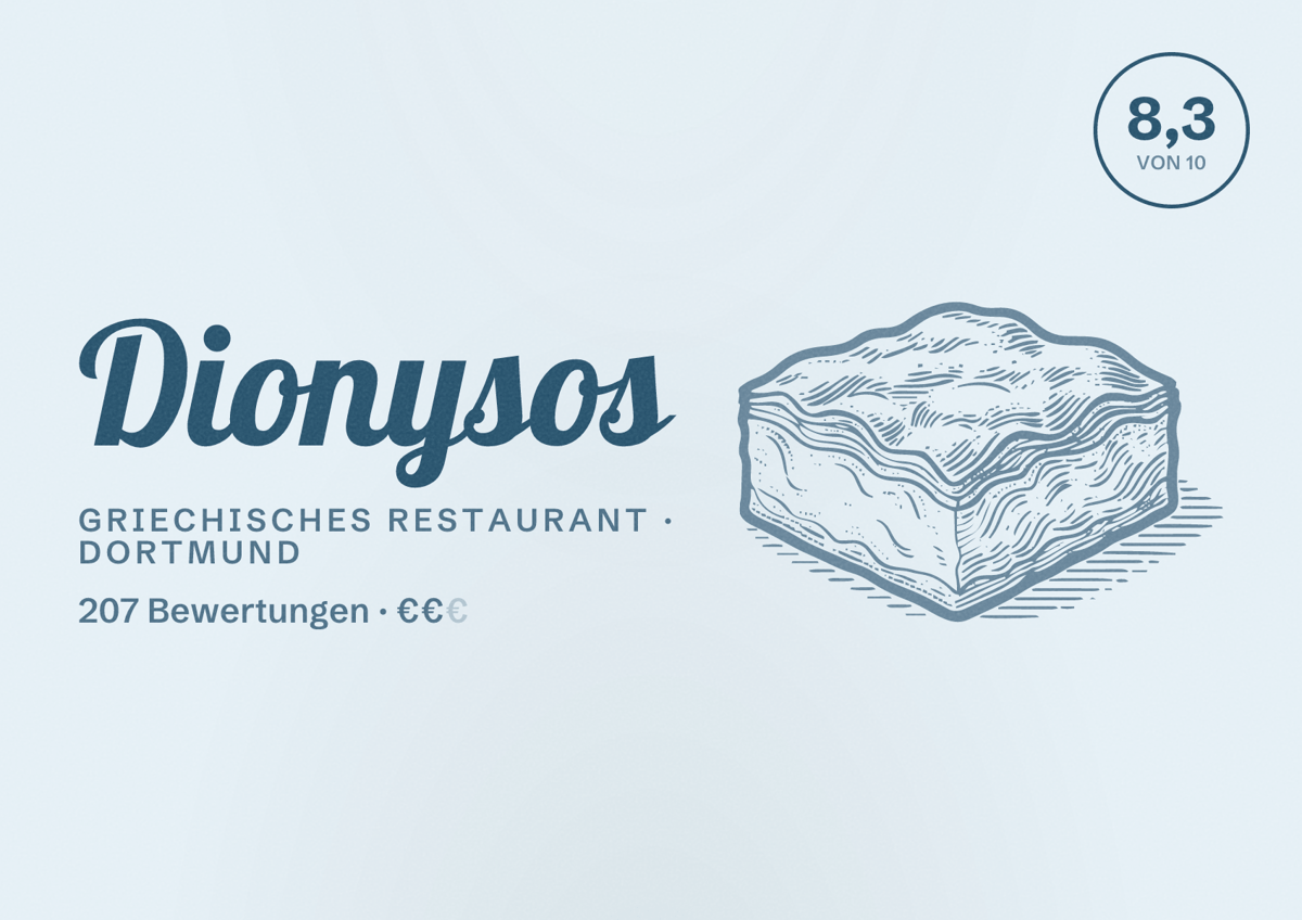 Illustriertes Poster von Dionysos, Griechisches Restaurant in Dortmund: Bewertung 8,3 von 10 aus 207 Bewertungen, Preisniveau €€