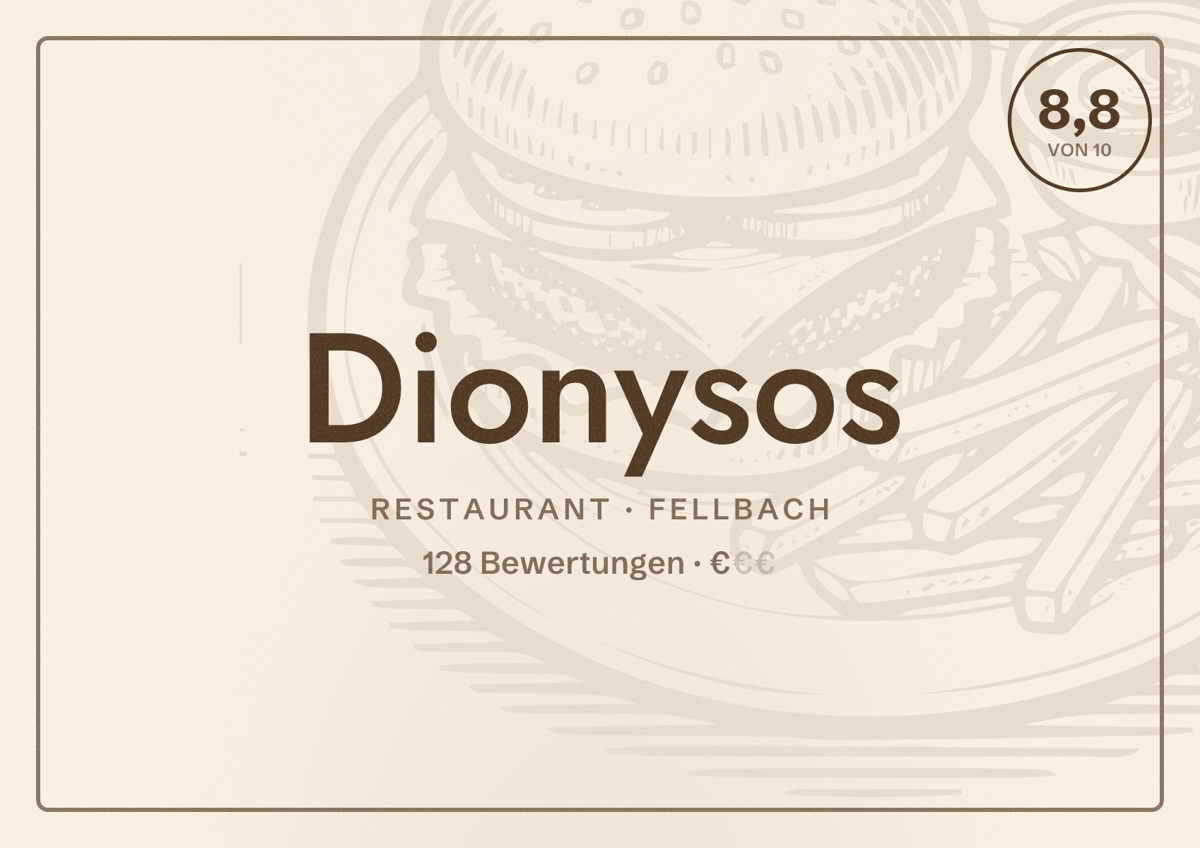 Illustriertes Poster von Dionysos, Restaurant in Fellbach: Bewertung 8,8 von 10 aus 128 Bewertungen, Preisniveau €