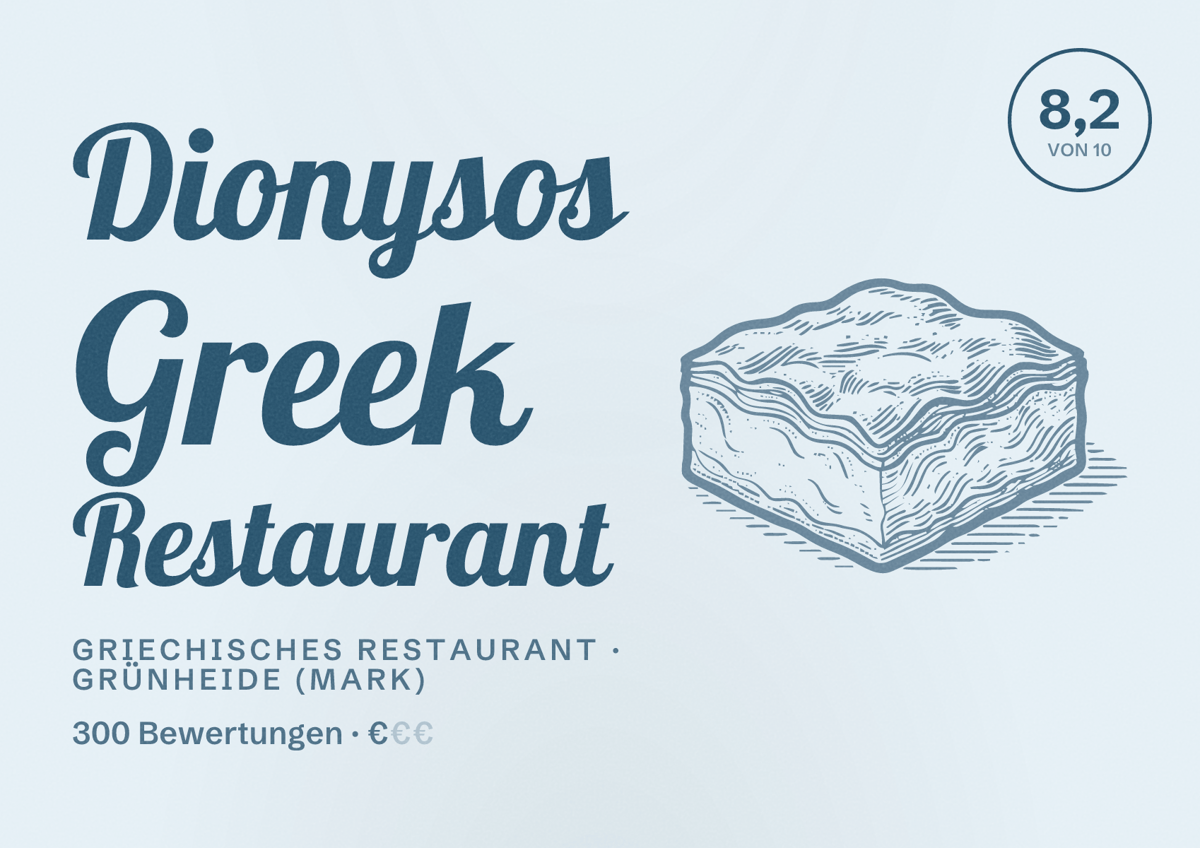 Illustriertes Poster von Dionysos Greek Restaurant, Griechisches Restaurant in Grünheide (Mark): Bewertung 8,2 von 10 aus 300 Bewertungen, Preisniveau €