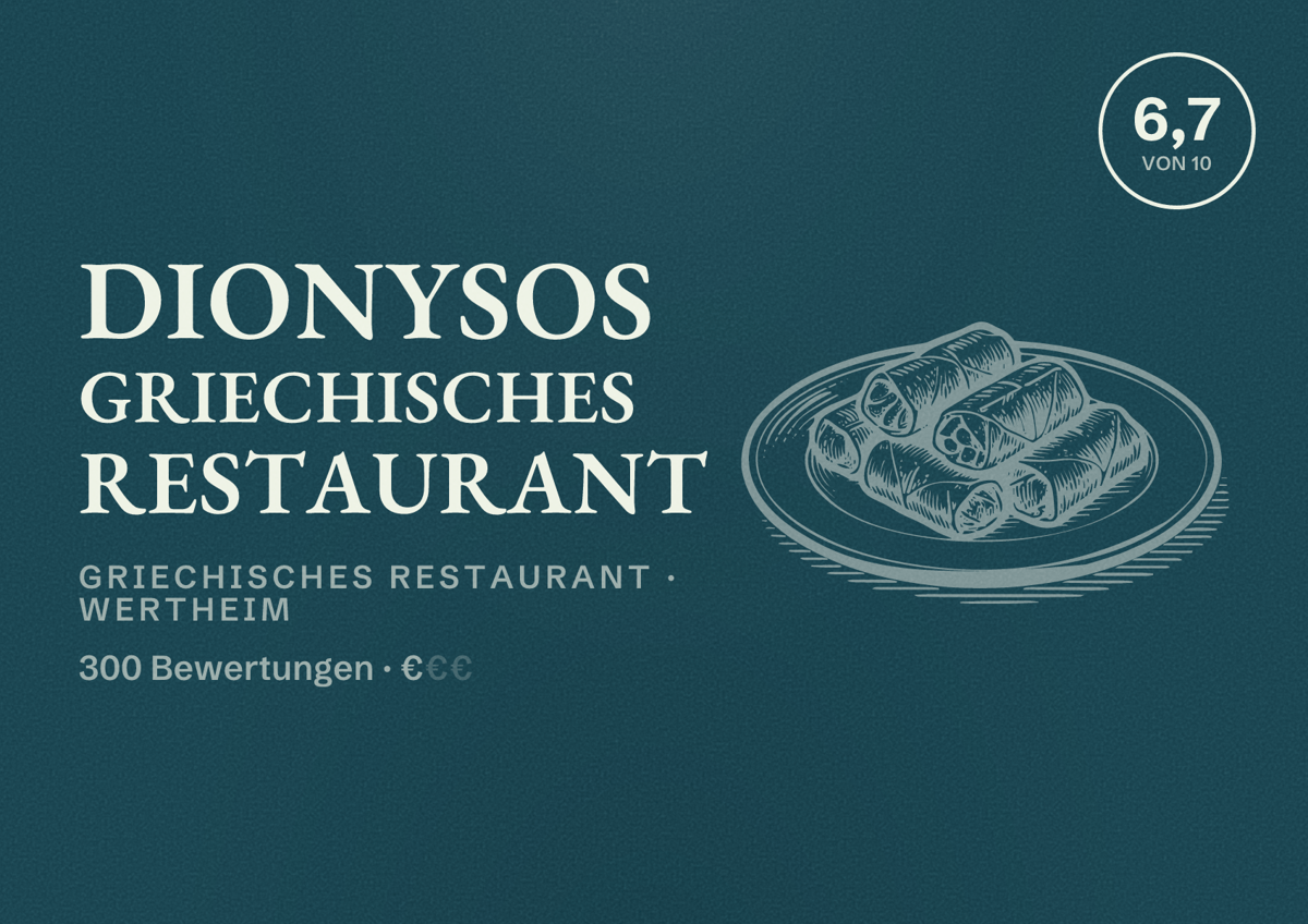Illustriertes Poster von Dionysos Griechisches Restaurant, Griechisches Restaurant in Wertheim: Bewertung 6,7 von 10 aus 300 Bewertungen, Preisniveau €