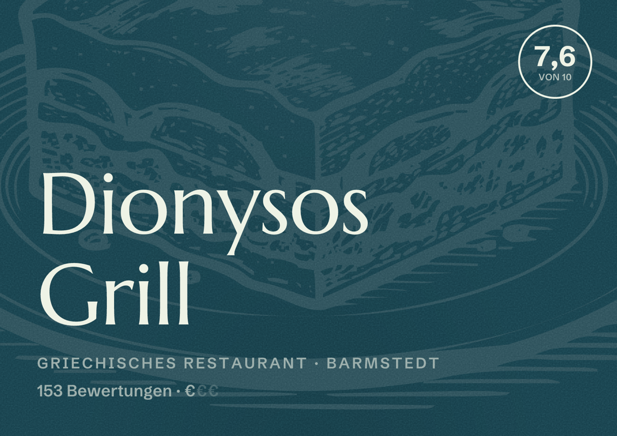 Illustriertes Poster von Dionysos Grill, Griechisches Restaurant in Barmstedt: Bewertung 7,6 von 10 aus 153 Bewertungen, Preisniveau €