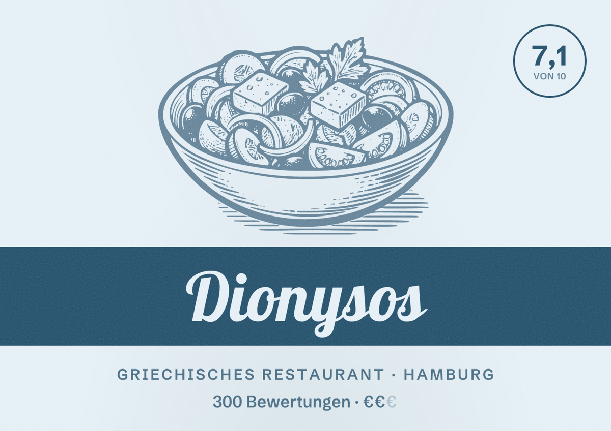 Illustriertes Poster von Dionysos, Griechisches Restaurant in Hamburg: Bewertung 7,1 von 10 aus 300 Bewertungen, Preisniveau €€