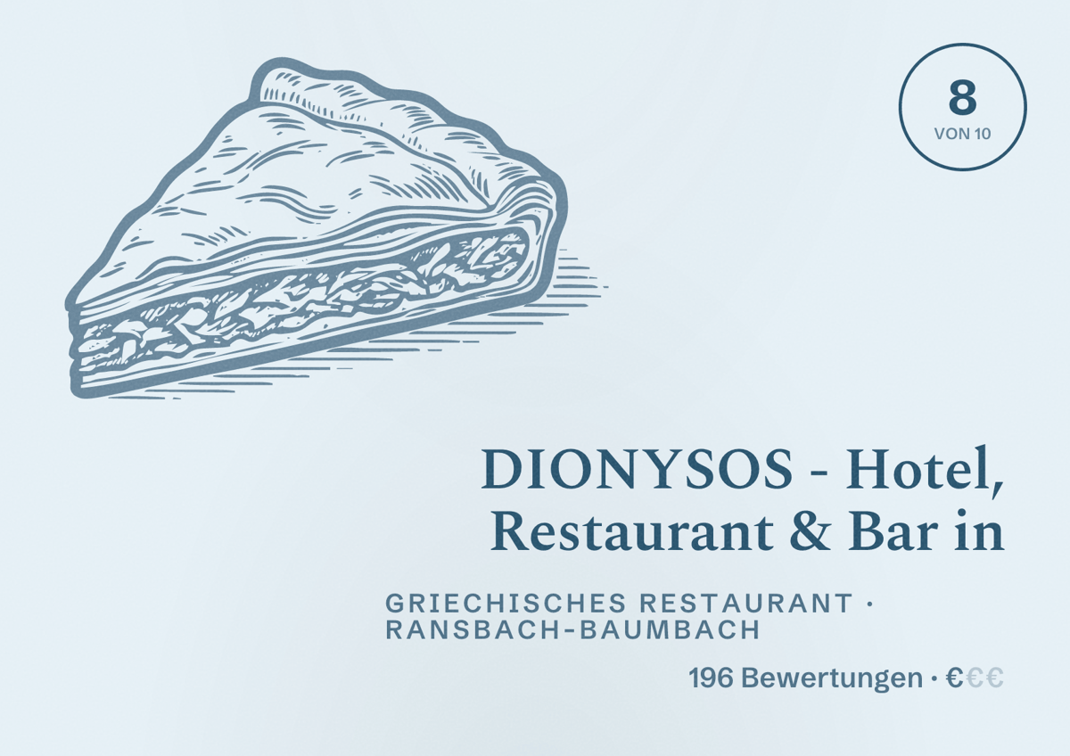 Illustriertes Poster von DIONYSOS - Hotel, Restaurant & Bar in, Griechisches Restaurant in Ransbach-Baumbach: Bewertung 8 von 10 aus 196 Bewertungen, Preisniveau €