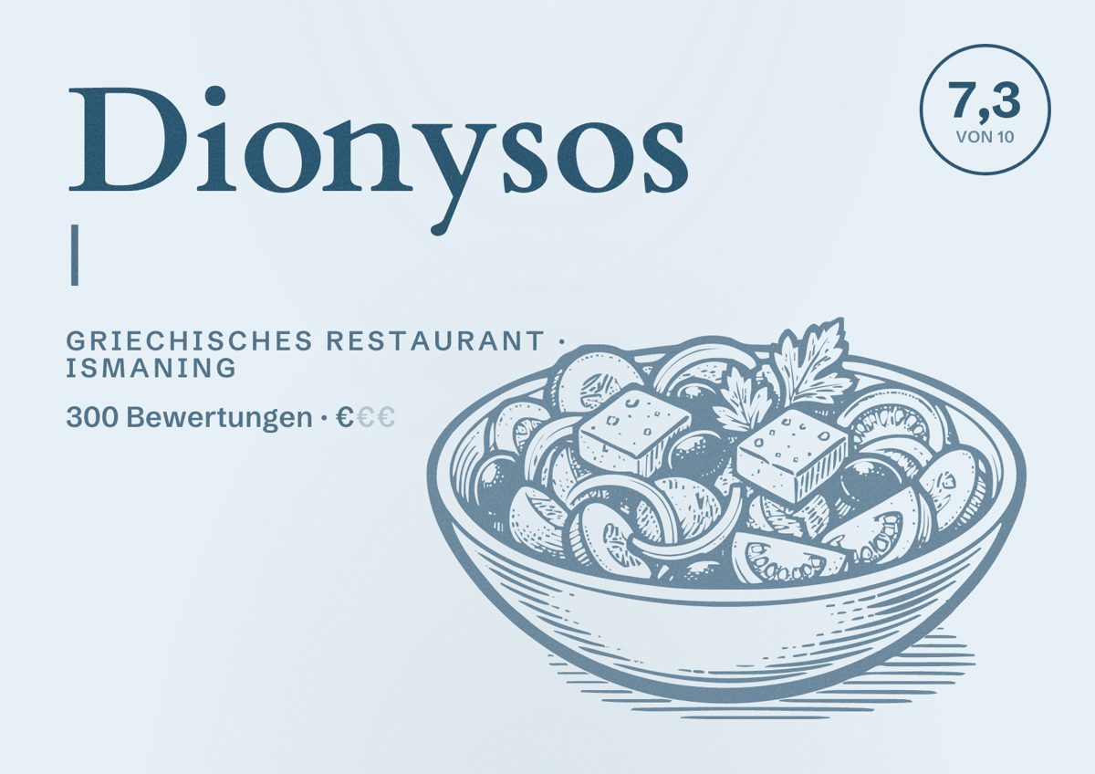 Illustriertes Poster von Dionysos |, Griechisches Restaurant in Ismaning: Bewertung 7,3 von 10 aus 300 Bewertungen, Preisniveau €