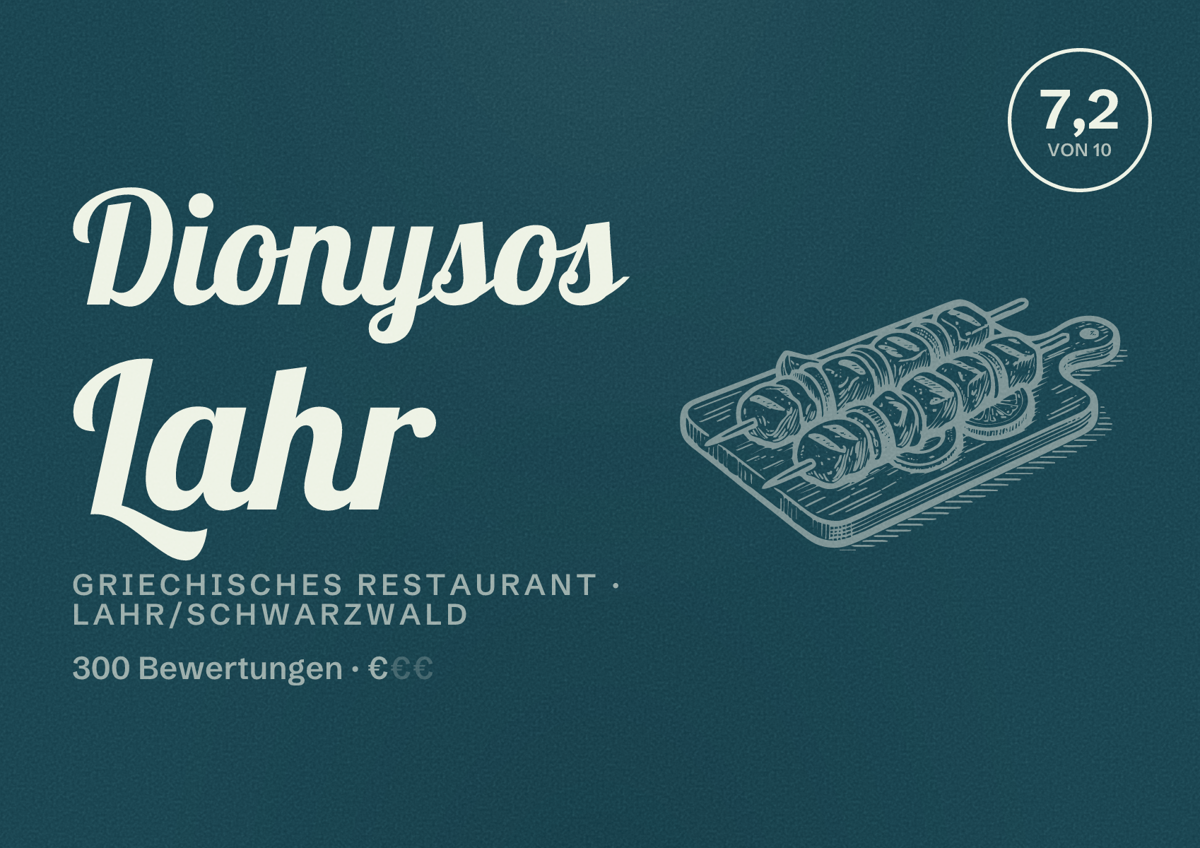 Illustriertes Poster von Dionysos Lahr, Griechisches Restaurant in Lahr/Schwarzwald: Bewertung 7,2 von 10 aus 300 Bewertungen, Preisniveau €