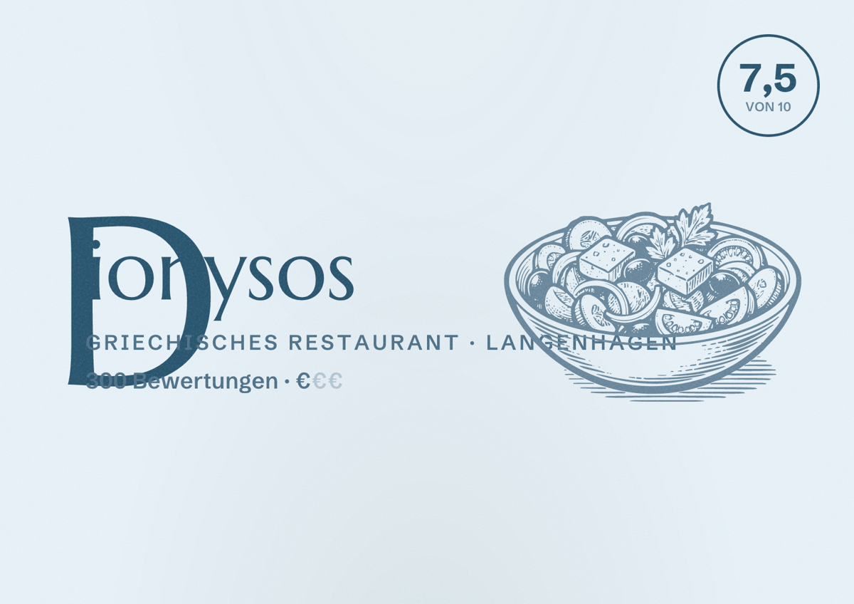 Illustriertes Poster von Dionysos, Griechisches Restaurant in Langenhagen: Bewertung 7,5 von 10 aus 300 Bewertungen, Preisniveau €