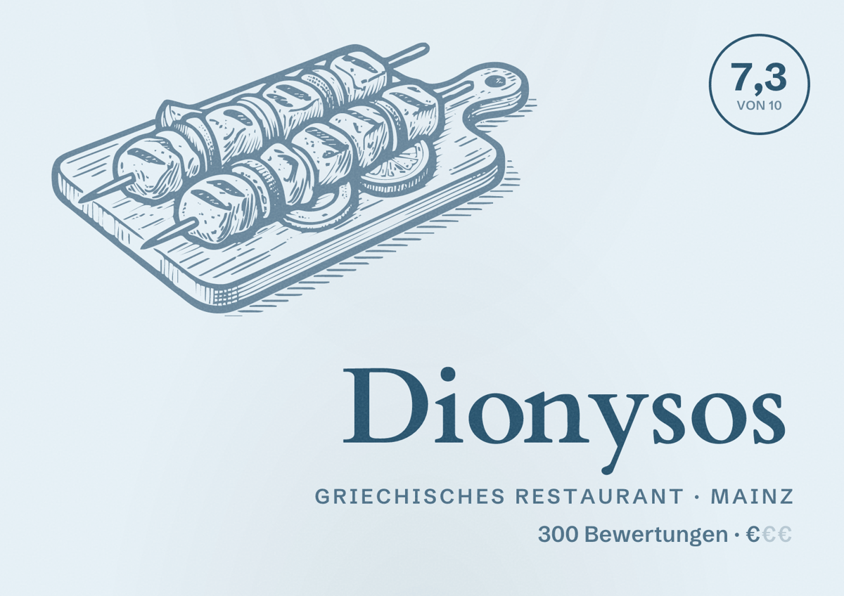 Illustriertes Poster von Dionysos, Griechisches Restaurant in Mainz: Bewertung 7,3 von 10 aus 300 Bewertungen, Preisniveau €