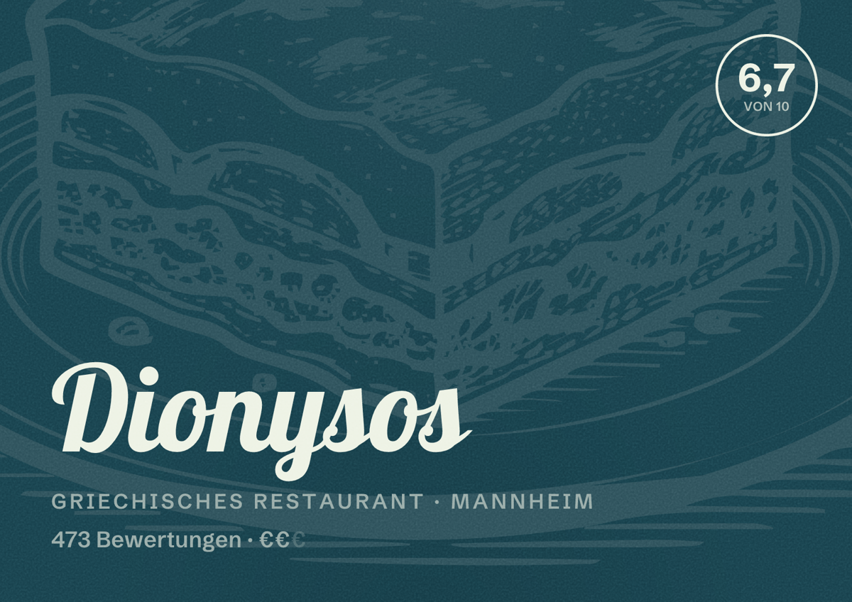 Illustriertes Poster von Dionysos, Griechisches Restaurant in Mannheim: Bewertung 6,7 von 10 aus 473 Bewertungen, Preisniveau €€
