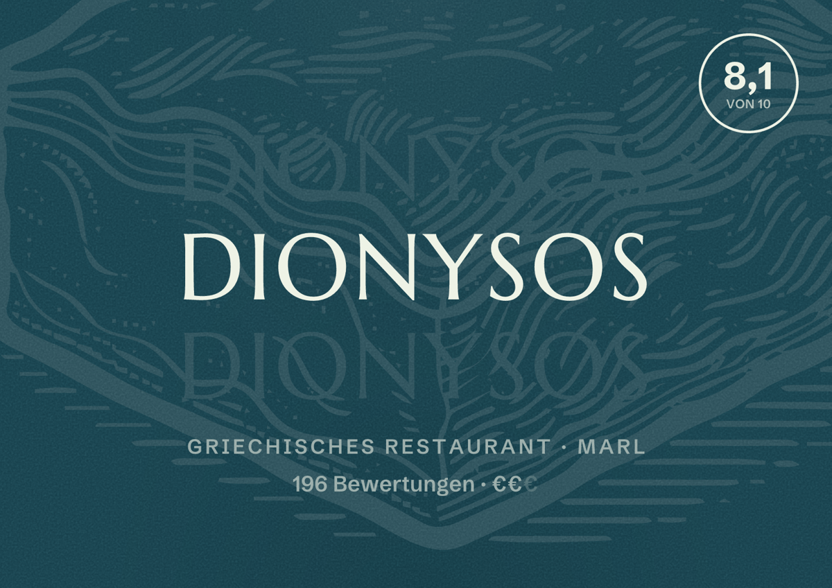 Illustriertes Poster von Dionysos, Griechisches Restaurant in Marl: Bewertung 8,1 von 10 aus 196 Bewertungen, Preisniveau €€