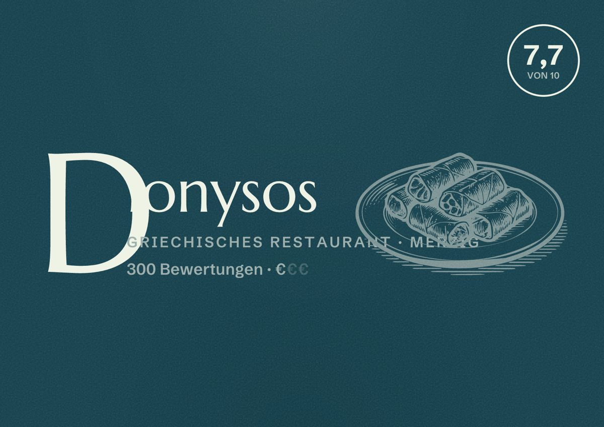 Illustriertes Poster von Dionysos, Griechisches Restaurant in Merzig: Bewertung 7,7 von 10 aus 300 Bewertungen, Preisniveau €