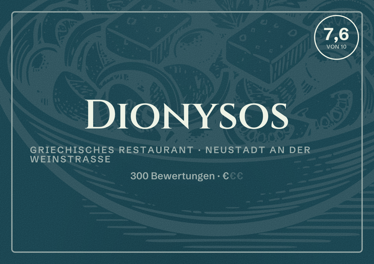 Illustriertes Poster von Dionysos, Griechisches Restaurant in Neustadt an der Weinstraße: Bewertung 7,6 von 10 aus 300 Bewertungen, Preisniveau €