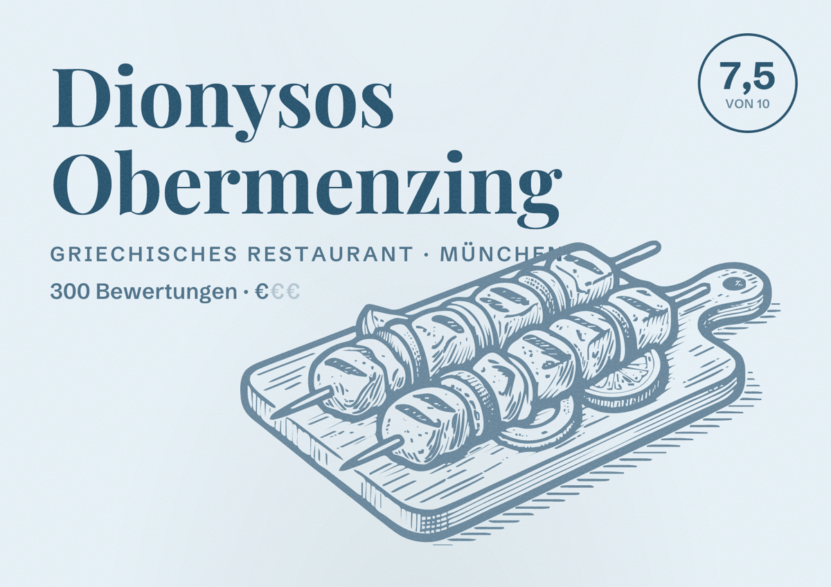 Illustriertes Poster von Dionysos Obermenzing, Griechisches Restaurant in München: Bewertung 7,5 von 10 aus 300 Bewertungen, Preisniveau €