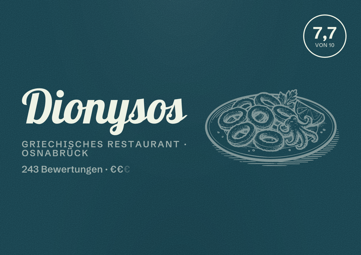 Illustriertes Poster von Dionysos, Griechisches Restaurant in Osnabrück: Bewertung 7,7 von 10 aus 243 Bewertungen, Preisniveau €€