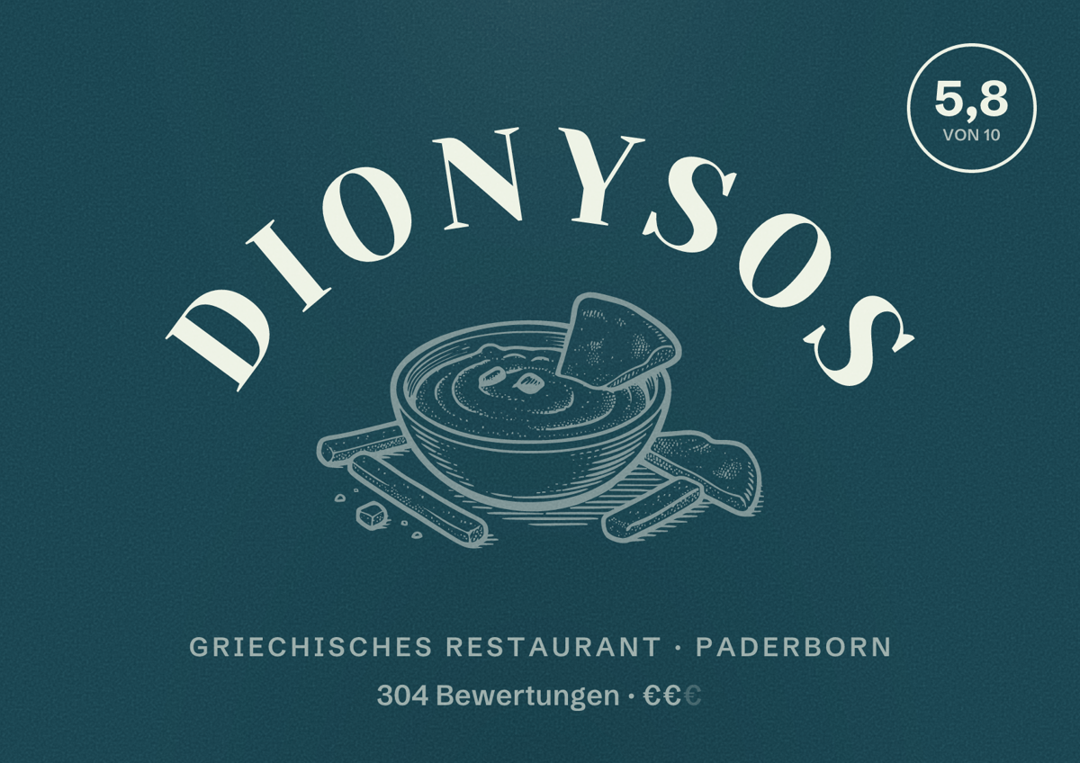 Illustriertes Poster von Dionysos, Griechisches Restaurant in Paderborn: Bewertung 5,8 von 10 aus 304 Bewertungen, Preisniveau €€